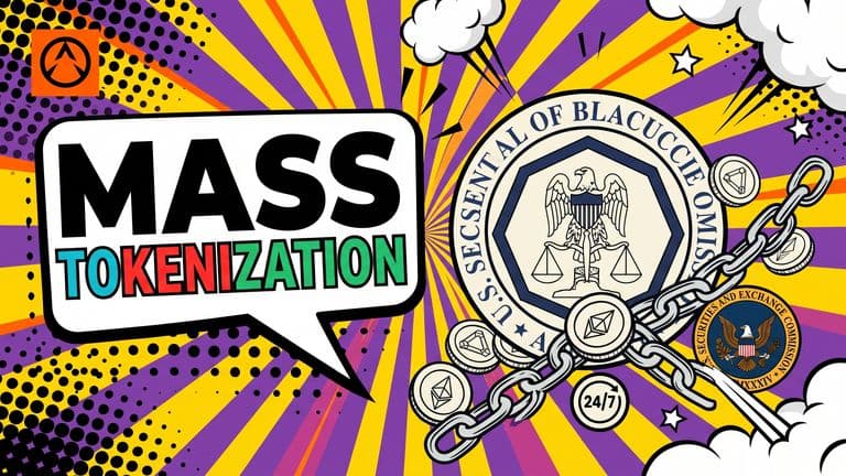 Pop-art comic cover: a speech bubble reads MASS TOKENIZATION on the left, while a CFTC seal on the right emits a cascade of chained token coins toward a smaller SEC badge, signalling regulators preparing markets for tokenized assets.