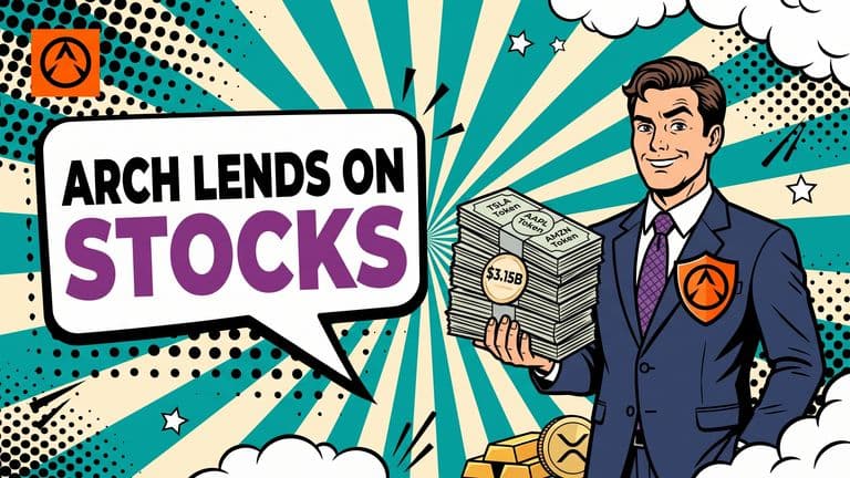 Pop-art comic illustration of a suited figure holding a stack of tokenized stock certificates, wearing an Arch Lending badge, with a gold bar and XRP coin at his feet.