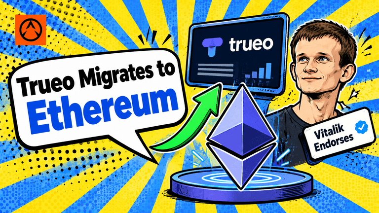 A pop-art cover with the Trueo brand mark placed on a large Ethereum diamond, surrounded by YES and NO prediction tiles, announcing Trueo's move to Ethereum mainnet.