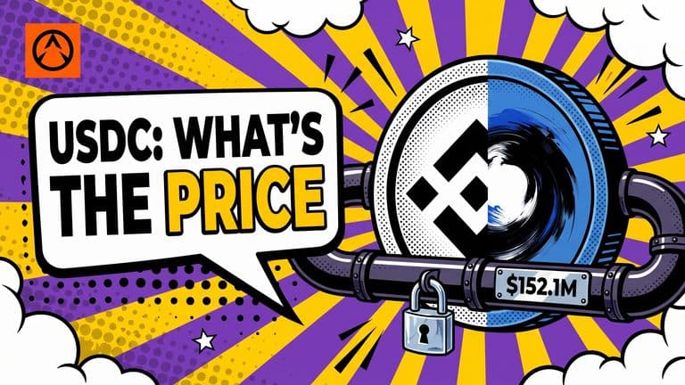Pop-art comic cover showing a large USDC coin flanked by the Circle and Binance logos, with a thick pipe carrying a $152.1M badge from Circle's side into Binance's side and a padlock marking the five-year deal.