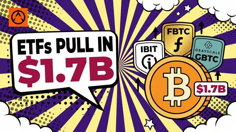 Pop-art comic cover showing a bold Bitcoin coin with three US spot Bitcoin ETF fund badges and upward arrows, illustrating record two-day inflows pushing BTC above the average holder's cost basis.