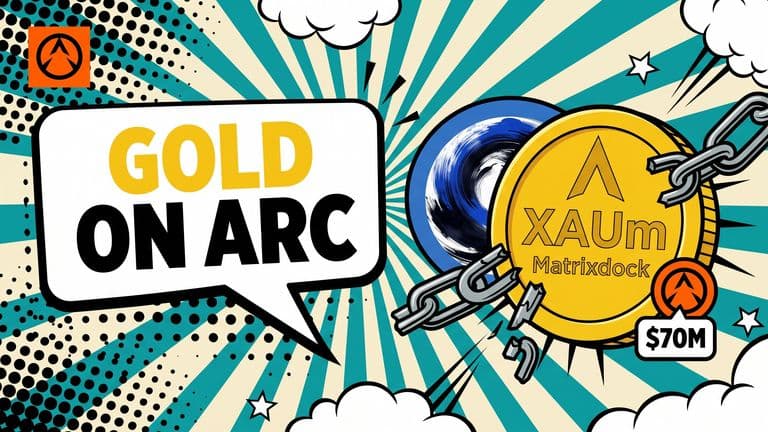 Pop-art comic cover of a gold coin stamped XAUm bursting through a chain link, with Arc and USDC badges beside it.