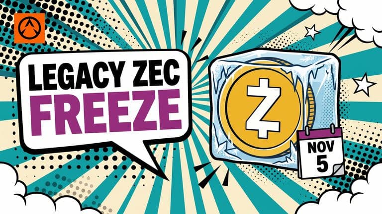 Pop-art comic cover showing a Zcash coin encased in a frost-rimmed ice cube with a Nov. 5 calendar tag, beside a speech bubble reading 'Legacy ZEC Freeze Nov 5'.
