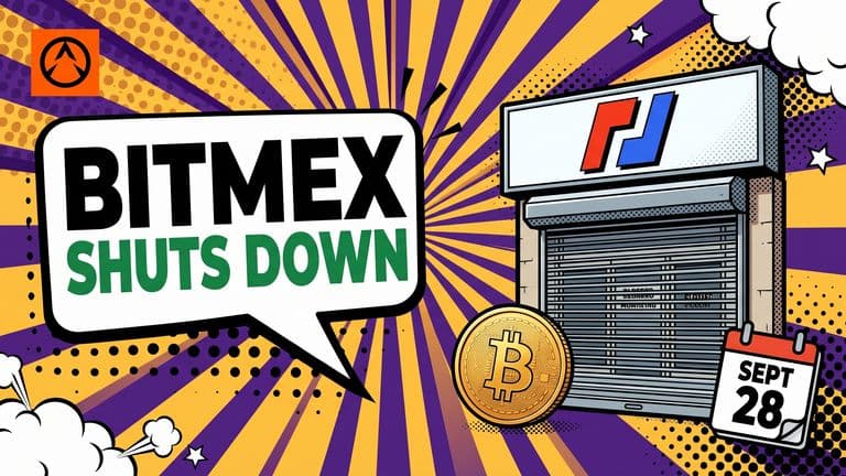 Pop-art comic cover showing a closed BitMEX-branded trading terminal with a calendar badge marked September 28 and a Bitcoin coin, beside a speech bubble reading BITMEX SHUTS DOWN.