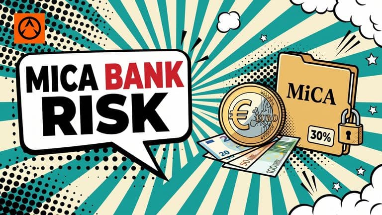 Pop-art illustration of a euro stablecoin leaning on euro banknotes beside a MiCA regulatory folder, with a headline calling out bank risk.