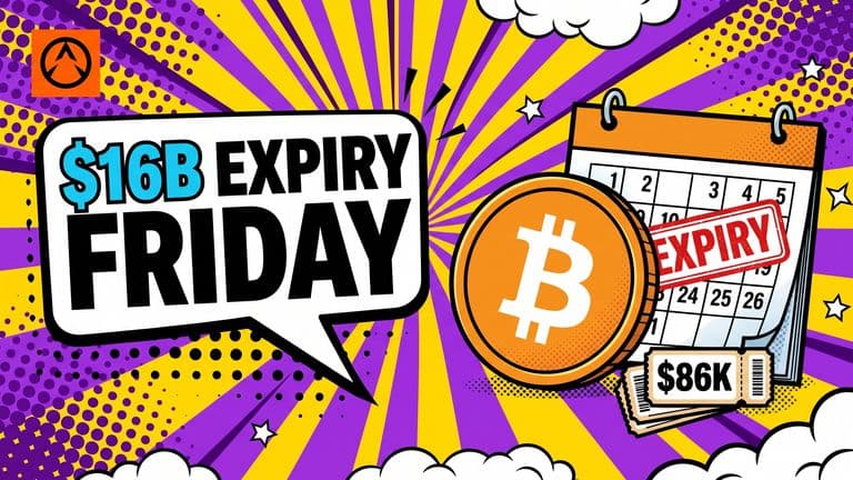 A pop-art illustration of a Bitcoin coin and an expiry calendar marking a $16 billion options expiry.