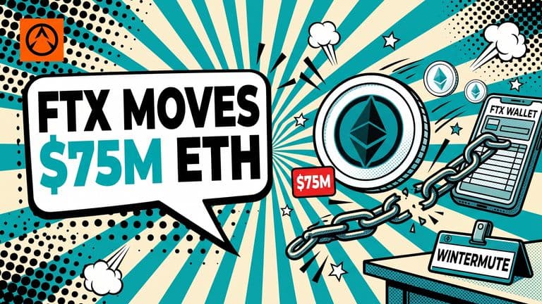 A pop-art comic cover showing a large Ether coin stamped with the Wintermute logo sliding off a broken chain from an FTX wallet, under the headline 'FTX MOVES $75M ETH'.