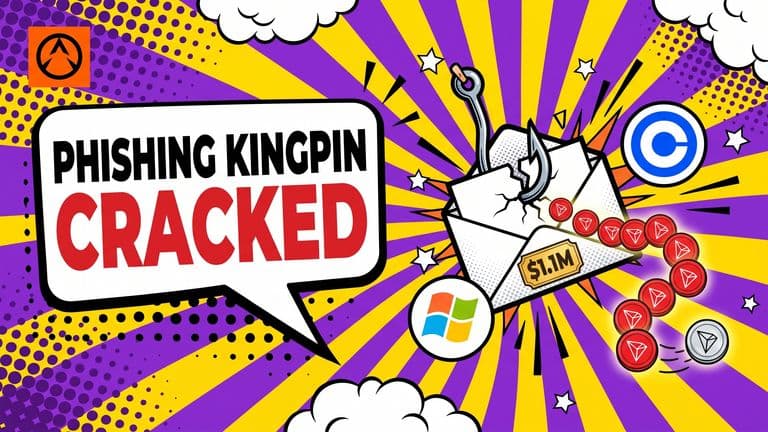 A pop-art comic cover showing a broken phishing hook through a cracked email envelope with a crypto coin chain, beside the Coinbase and Microsoft marks, under a speech-bubble headline reading 'Phishing Kingpin Cracked'.