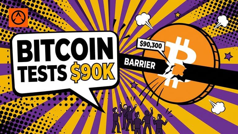 A pop-art comic cover showing a large Bitcoin coin punching through a $90K price barrier, watched by a small crowd of holders below.