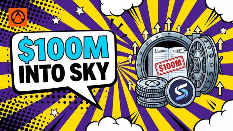 A pop-art cover with a speech bubble reading $100M INTO SKY, an open vault holding a coin and token marked with the Galaxy Digital and Sky Protocol logos, and a $100M badge on a ledger page.