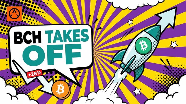 Pop-art comic cover with a Bitcoin coin falling on the left and a Bitcoin Cash coin rocketing upward on the right over a colourful sunburst.