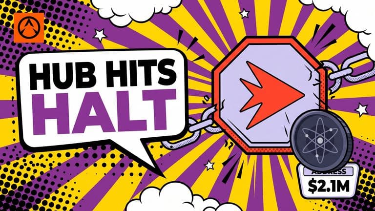 A pop-art comic cover shows a stop sign breaking through a chain to halt a falling ATOM coin above a labelled address, with the headline 'HUB HITS HALT' in a speech bubble.