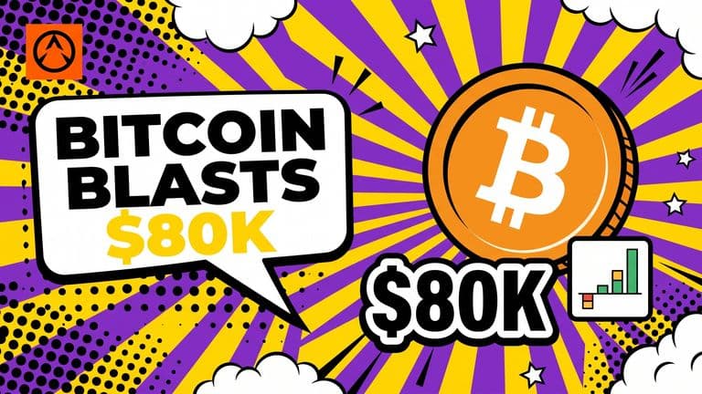 Pop-art illustration of a Bitcoin coin soaring upward past a bold $80K badge, with a small ETF inflow bar stamp, set against a comic-style sunburst.