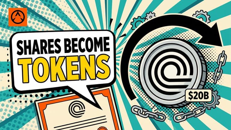 Pop-art comic cover showing a stock certificate marked with Alpaca's logo on the left, a thick arrow across the middle, and a large token coin bearing the Ondo logo on the right, against a sunburst background.