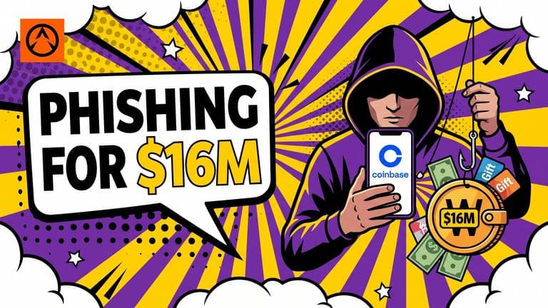 Pop-art comic cover showing a hooded figure on the phone targeting a Coinbase user, with a fishing hook lifting a crypto wallet trailing dollar bills and gift cards, captioned Phishing for $16M.