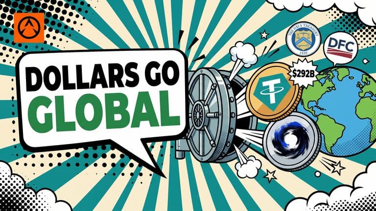 A pop-art comic cover showing USDT and USDC coins bursting from a US-government vault toward a globe, under a headline reading DOLLARS GO GLOBAL.