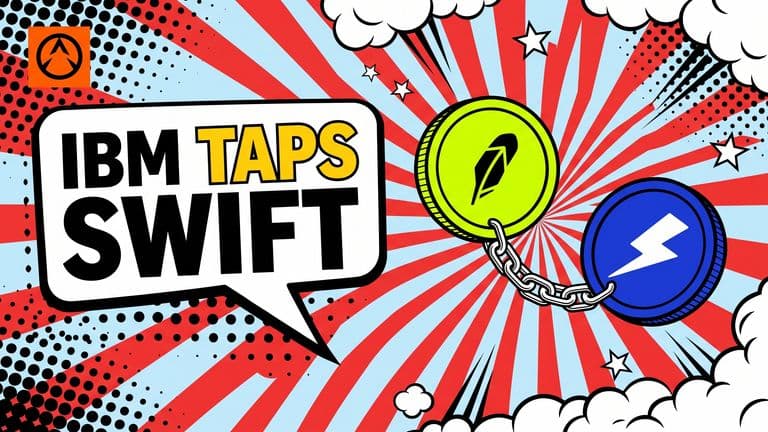 A pop-art comic cover showing two coins stamped with the IBM and Swift logos connected by a chain, with the headline IBM TAPS SWIFT in a speech bubble.