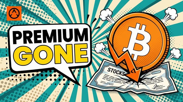 A pop-art cover showing a large Bitcoin coin pressing down on a crumpled stock certificate, with a downward arrow showing the shrinking premium between the wrapper and the coin.