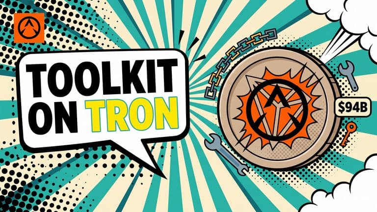 A pop-art comic cover with the OpenZeppelin shield stamped onto a TRON coin surrounded by code blocks and a wrench, beside a speech-bubble headline reading TOOLKIT ON TRON.