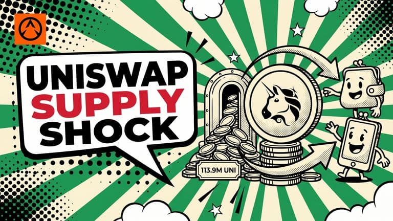 A pop-art comic cover showing a giant UNI coin on a stack of smaller coins, with coins being pulled toward new wallets on one side and piling up on the other, under the headline UNISWAP SUPPLY SHOCK.