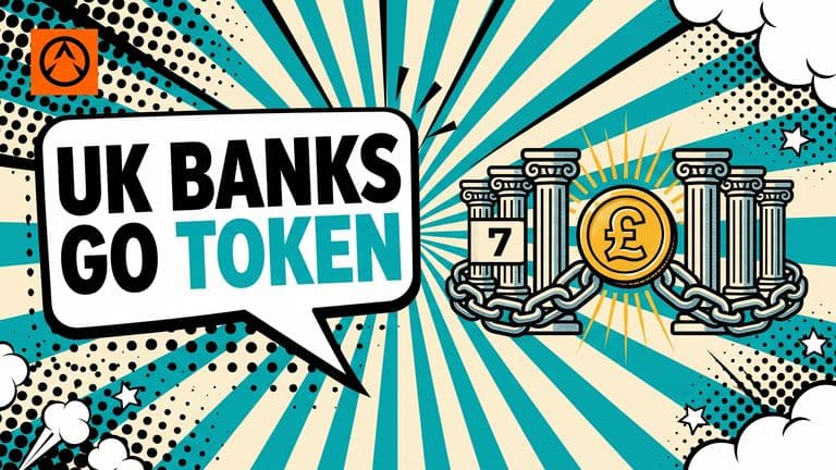 A pop-art comic cover showing a gold pound coin riding a heavy chain across seven connected bank pillars, with the headline UK BANKS GO TOKEN in a speech bubble.