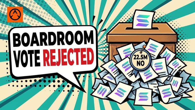 Pop-art comic cover with a ballot box of rejected votes over a sunburst, Solana marks on the slips, and a headline bubble reading BOARDROOM VOTE with REJECTED accented.