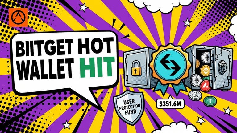 Pop-art comic illustration of a cracked Bitget hot wallet spilling crypto coins next to a sealed cold wallet, with a User Protection Fund shield in the corner.