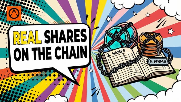 Pop-art comic illustration of stock-token coins chained to an open shareholder register book, with a bold headline announcing real shares on the chain.
