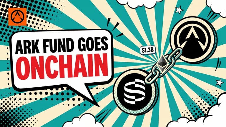 A pop-art illustration of two linked coins, one marked ARK Invest and the other Securitize, joined by a small Ethereum symbol, with a speech bubble reading ARK FUND GOES ONCHAIN and a $1.3B badge.