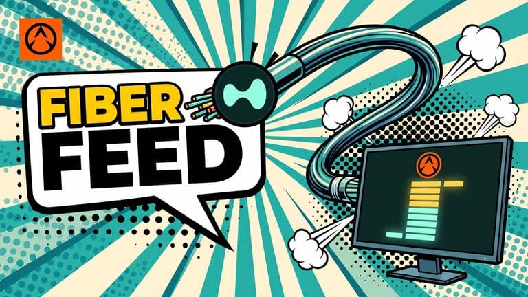 Pop-art comic cover: a thick fiber optic cable arcs from a Hyperliquid coin in the upper left down to a flat-screen monitor on the lower right showing an order book, with the DoubleZero mark on the screen, against a sunburst background.