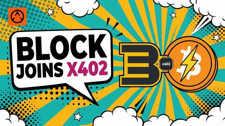 Pop-art comic cover with the Block logo badge fused to a Bitcoin coin bearing a yellow lightning bolt, set over a radial sunburst, with a speech bubble headline reading BLOCK JOINS X402.