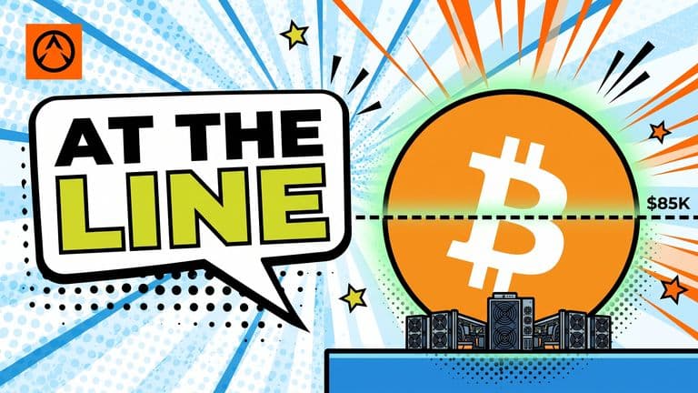 A pop-art comic illustration of a large Bitcoin coin hovering just below a dashed horizontal production cost line, with a small cluster of mining rigs below the line and a sliver of green relief above it.