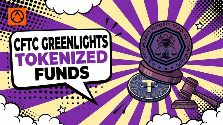 Pop-art comic illustration of a CFTC seal stamp pressing onto a tokenized coin, with a gavel beside it, over a bold radial sunburst background.