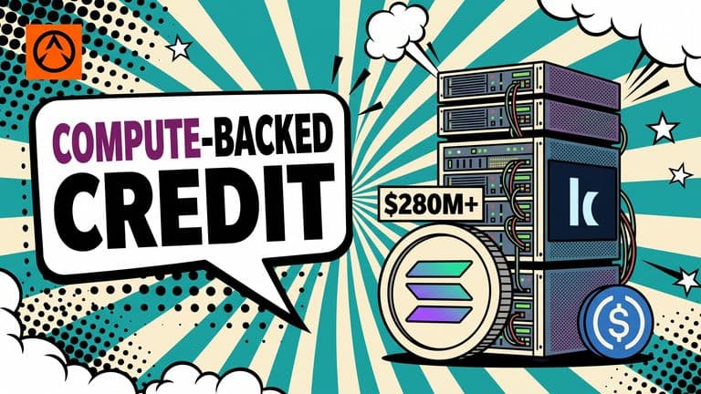 Pop-art comic cover of a stack of GPU server racks on a sunburst, with a Solana coin across the lower front, a Kamino badge on the rack, and a USDC coin at the base, beside a speech bubble reading 'COMPUTE-BACKED CREDIT'.