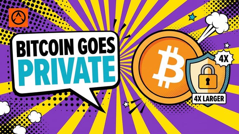 Pop-art comic illustration of a Bitcoin coin with the Bitcoin logo, partially covered by a protective shield, set against a bold sunburst, with a speech bubble reading BITCOIN GOES PRIVATE.