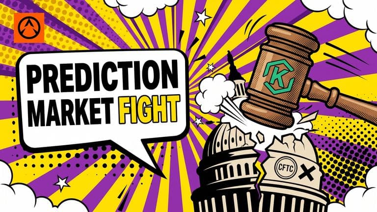 Pop-art cover of a comic gavel striking a Capitol dome, with a Kalshi badge on the gavel and a CFTC stamp below, beside a speech bubble reading 'Prediction Market Fight'.
