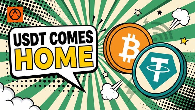 A pop-art comic cover showing a large USDT coin resting against a Bitcoin coin under a sunburst background, illustrating USDT returning to the Bitcoin network.