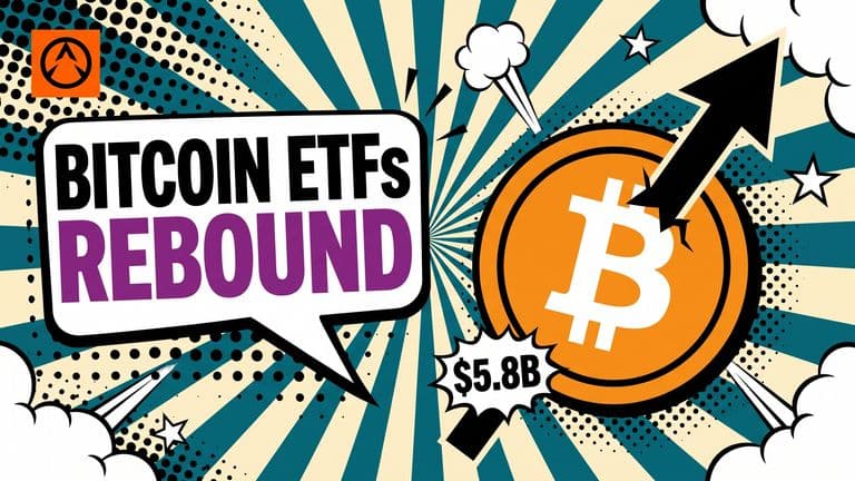 Pop-art comic cover of a bold Bitcoin coin with an upward arrow breaking through it, beside a speech bubble reading Bitcoin ETFs Rebound.
