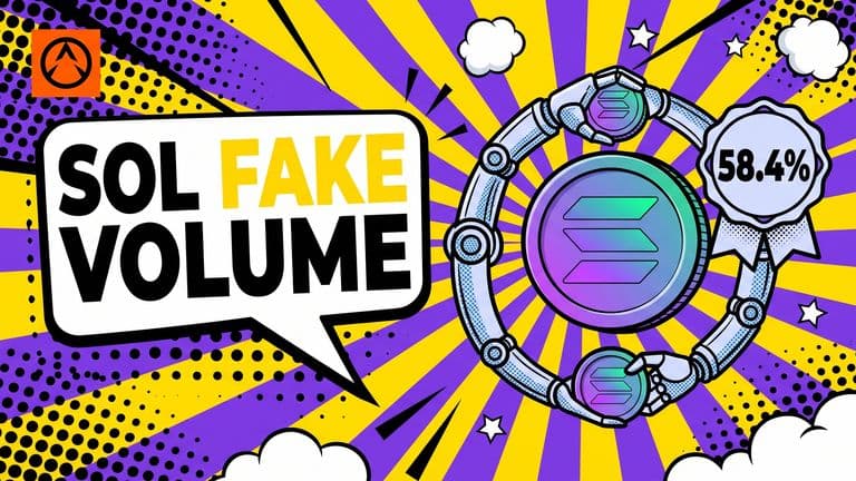 A pop-art comic cover showing a Solana coin caught in a loop between two robotic arms passing it back and forth, with a 58.4% badge highlighting the share of Solana DEX volume flagged as bot or circular trading.
