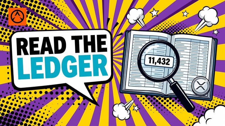 Pop-art comic cover showing an open ledger page filled with new account entries, a magnifier hovering over the number 11,432, with an XRP coin badge.
