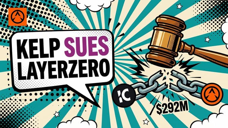 Pop-art comic cover showing a gavel slamming onto a cracked bridge connecting a KelpDAO badge and a LayerZero badge, with a $292M tag at the strike point.