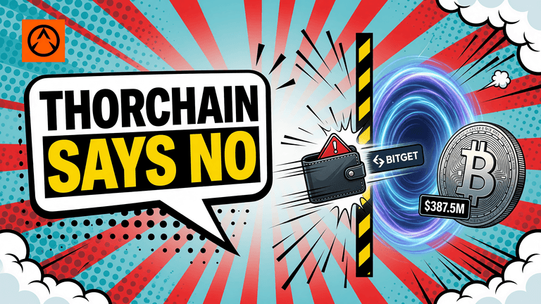 A blocked wallet tries to pass through THORChain and emerge as Bitcoin, making the network's refusal to stop the transfer instantly understandable.