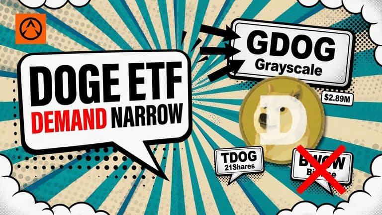 A Dogecoin coin and three ETF flow markers feed into one dominant Grayscale fund while two smaller funds shrink, illustrating a record but concentrated week of inflows.