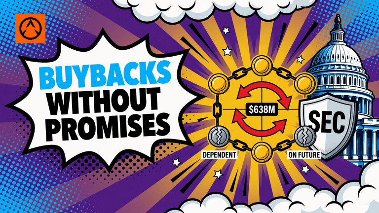 A bold comic cover showing the SEC separating a functioning network from issuer-dependent promises while token buybacks continue in the background.