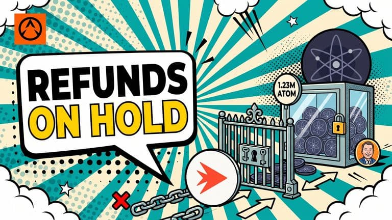 A comic-style recovery vault holds ATOM coins while a governance gate blocks the transfer to affected holders.