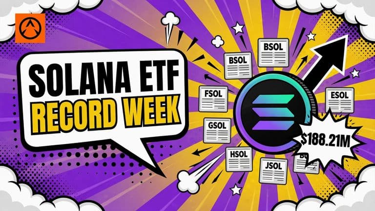 A bold Solana coin and rising arrow dominate a group of seven ETF cards, with a $188.21M badge marking reported weekly inflows.