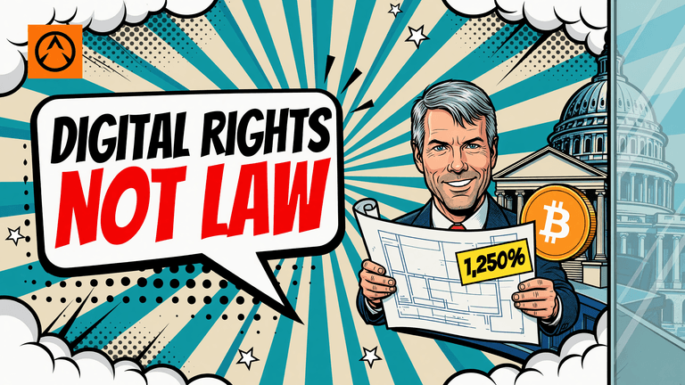 A pop-art illustration shows Michael Saylor with a digital-rights blueprint beside a bank and Bitcoin coin, while a Congressional building remains behind a barrier.