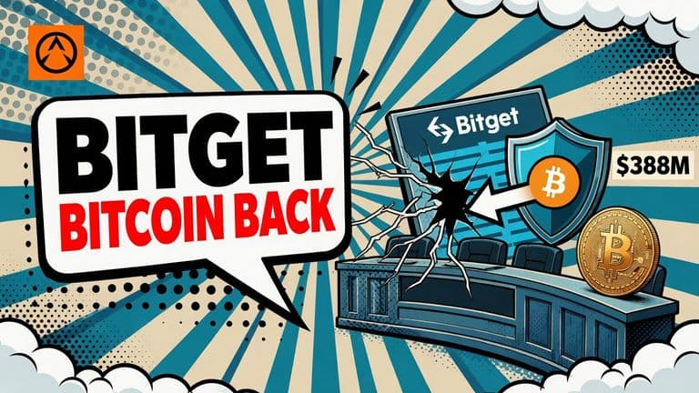 A comic cover shows Bitget restoring a Bitcoin withdrawal route while a large security breach and diverted transaction paths remain visible.
