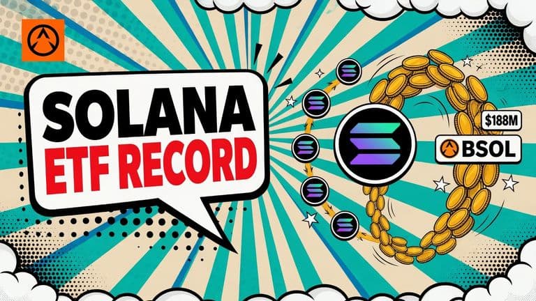 A pop-art cover shows $188 million flowing into seven Solana ETF badges, with the largest stream going to Bitwise's BSOL fund and smaller streams going to the others.