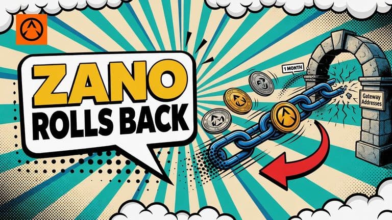A pop-art illustration shows the Zano blockchain being rewound through a broken Gateway Addresses gateway, with ZANO and fUSD coins caught in the rollback.